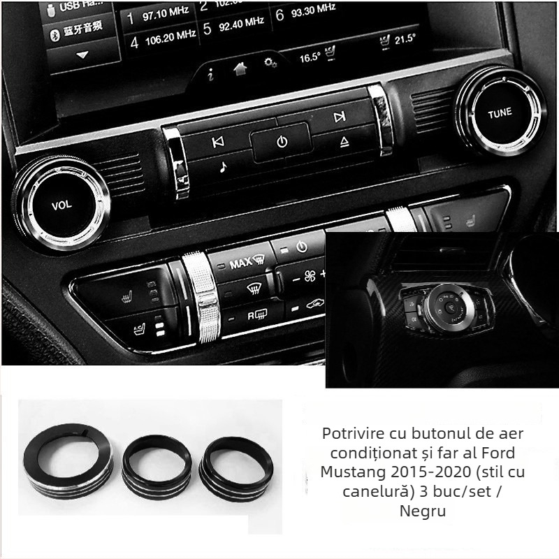 Inel decorativ pentru consola centrală și butonul de climatizare al Mustang, model FTym, compatibil cu 2015–2020, aliaj de aluminiu