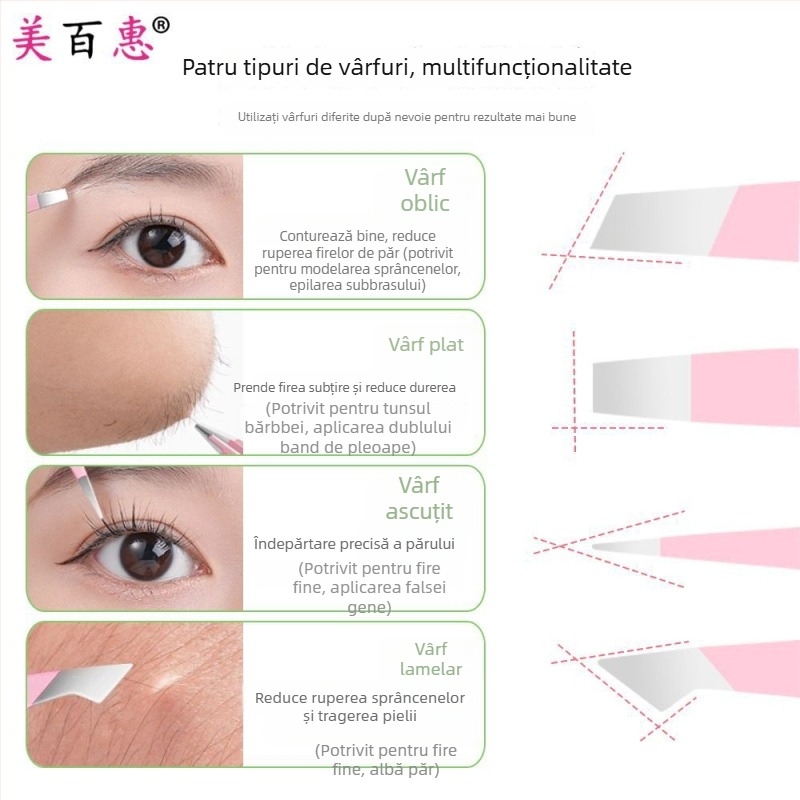 Set pentru sprâncene: clips pentru sprânene și pensete, oțel inoxidabil 410, trei piese, 9,6 cm lungime