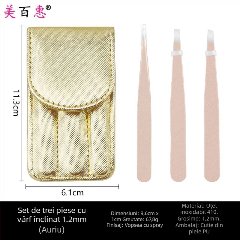Set pentru sprâncene: clips pentru sprânene și pensete, oțel inoxidabil 410, trei piese, 9,6 cm lungime