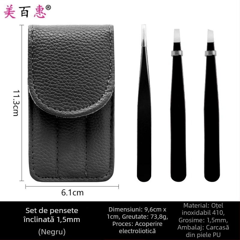 Set pentru sprâncene: clips pentru sprânene și pensete, oțel inoxidabil 410, trei piese, 9,6 cm lungime