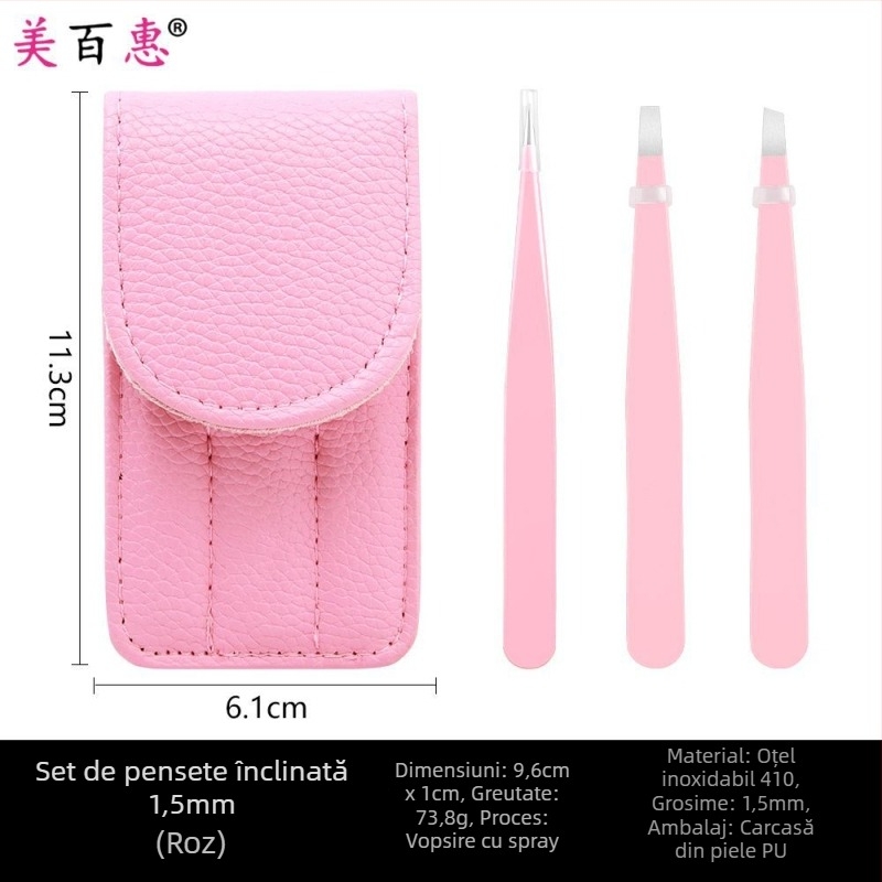 Set pentru sprâncene: clips pentru sprânene și pensete, oțel inoxidabil 410, trei piese, 9,6 cm lungime