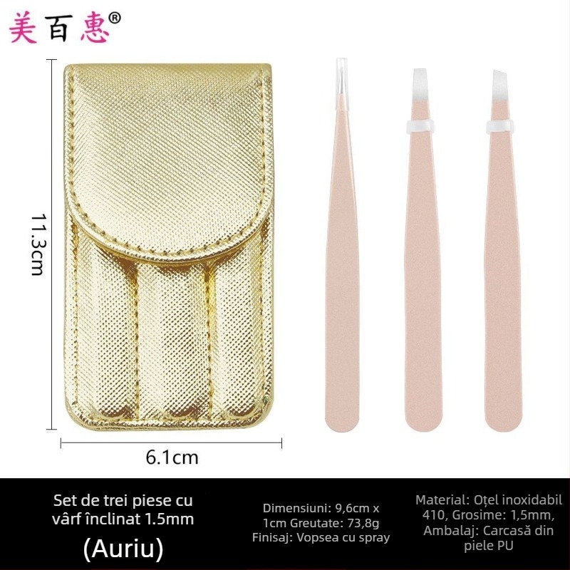 Set pentru sprâncene: clips pentru sprânene și pensete, oțel inoxidabil 410, trei piese, 9,6 cm lungime