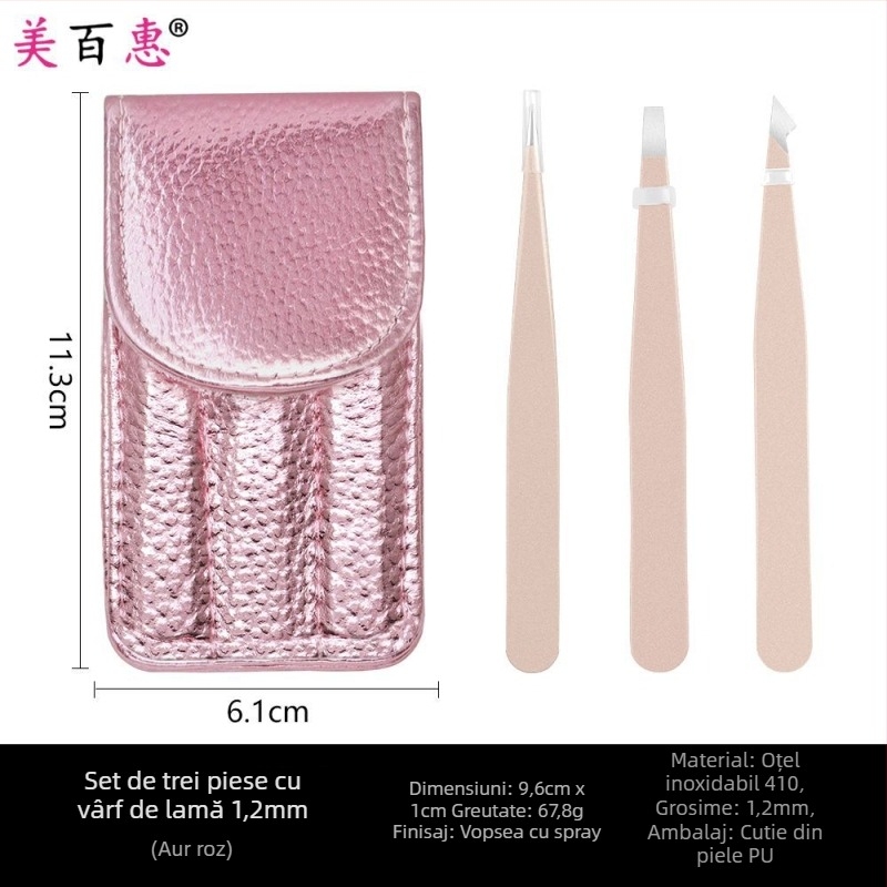 Set pentru sprâncene: clips pentru sprânene și pensete, oțel inoxidabil 410, trei piese, 9,6 cm lungime