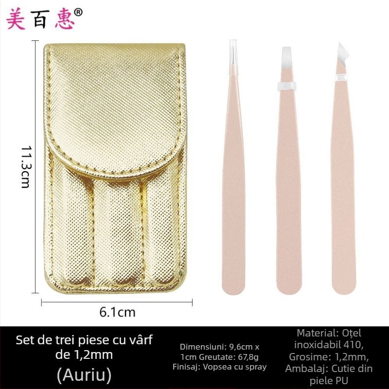 Set pentru sprâncene: clips pentru sprânene și pensete, oțel inoxidabil 410, trei piese, 9,6 cm lungime