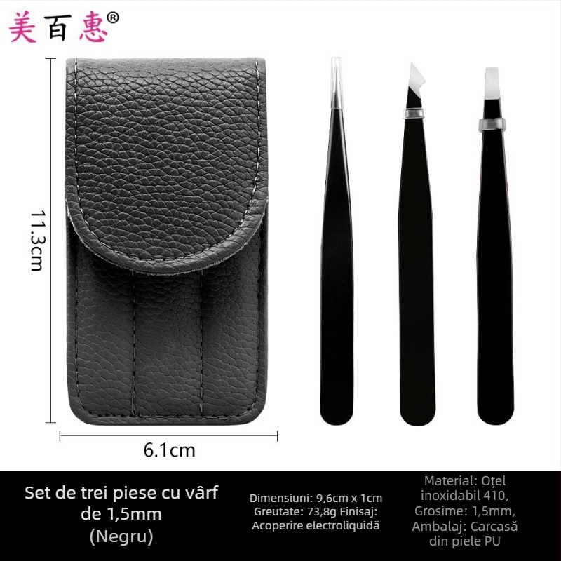 Set pentru sprâncene: clips pentru sprânene și pensete, oțel inoxidabil 410, trei piese, 9,6 cm lungime