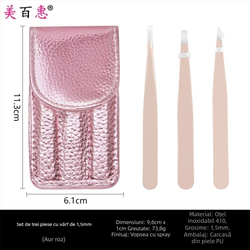 Set pentru sprâncene: clips pentru sprânene și pensete, oțel inoxidabil 410, trei piese, 9,6 cm lungime