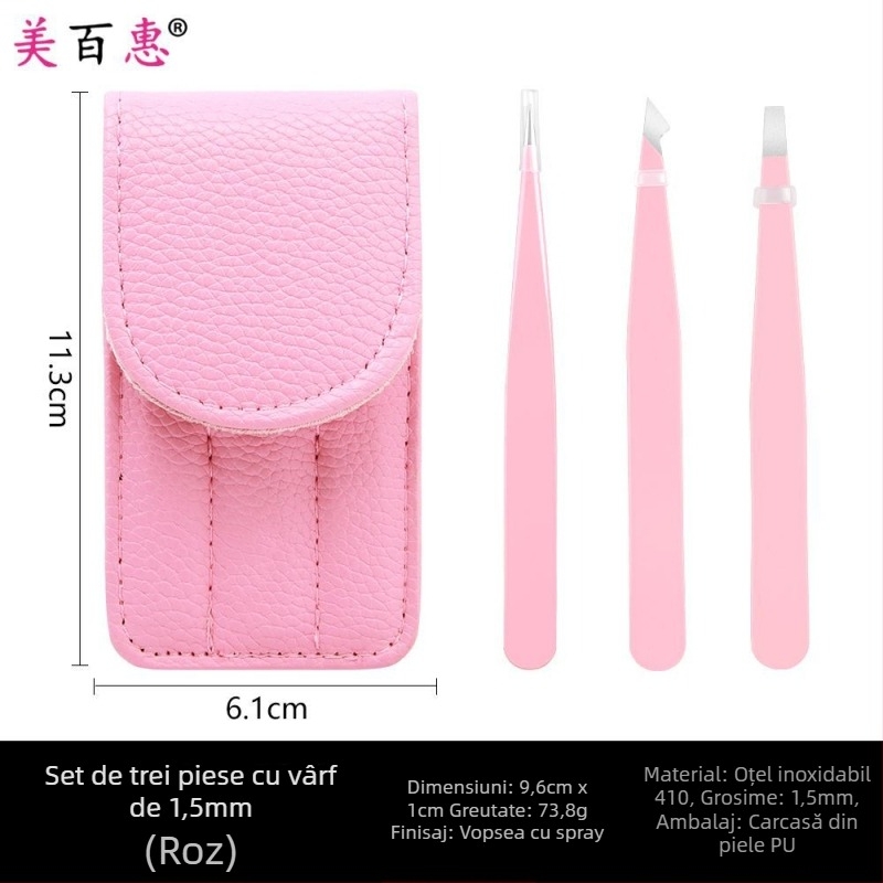 Set pentru sprâncene: clips pentru sprânene și pensete, oțel inoxidabil 410, trei piese, 9,6 cm lungime