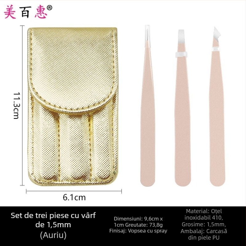 Set pentru sprâncene: clips pentru sprânene și pensete, oțel inoxidabil 410, trei piese, 9,6 cm lungime