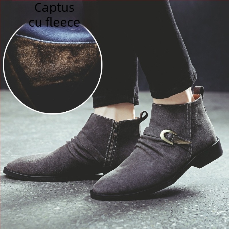 Ghete Martin pentru bărbați, din piele de vițel velur, stil britanic, vârf ascuțit, fermoar lateral, toc mediu 3–5 cm