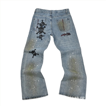 Jeansi cu imprimeu graffiti splash ink, croială liberă, talie medie, fermoar, 90% bumbac, potriviți pentru toate anotimpurile.