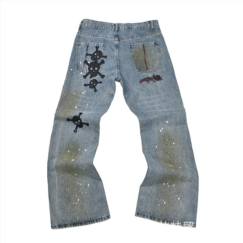 Jeansi cu imprimeu graffiti splash ink, croială liberă, talie medie, fermoar, 90% bumbac, potriviți pentru toate anotimpurile.