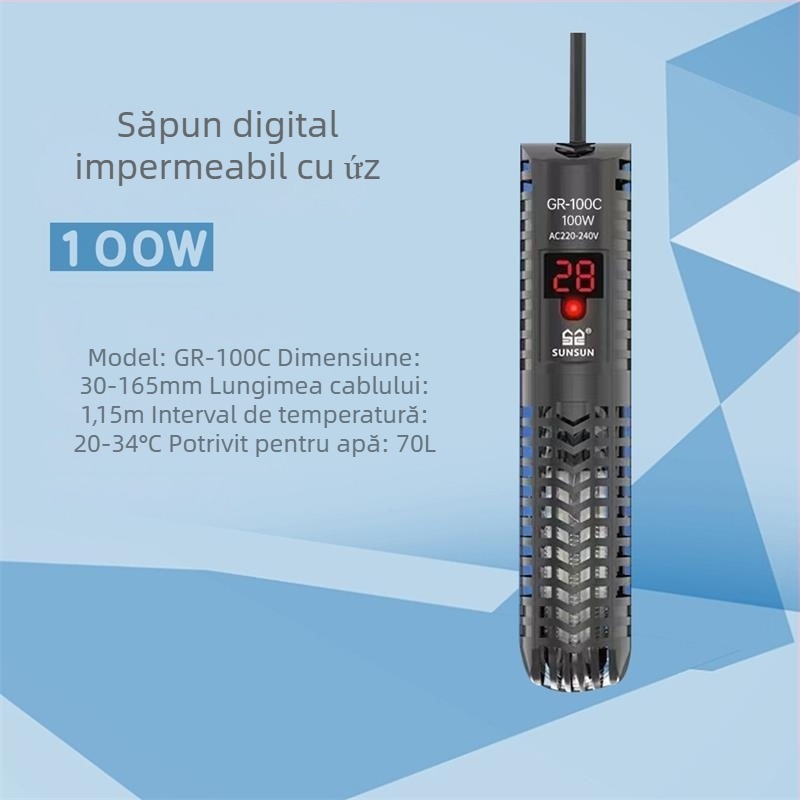 Bară de încălzire pentru acvariu cu afișaj digital, element de încălzire din cuarț, control automat al temperaturii, rezistent la explozie, acoperire de protecție