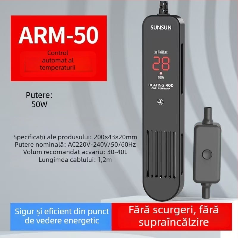 Bară de încălzire pentru acvariu cu afișaj digital, element de încălzire din cuarț, control automat al temperaturii, rezistent la explozie, acoperire de protecție