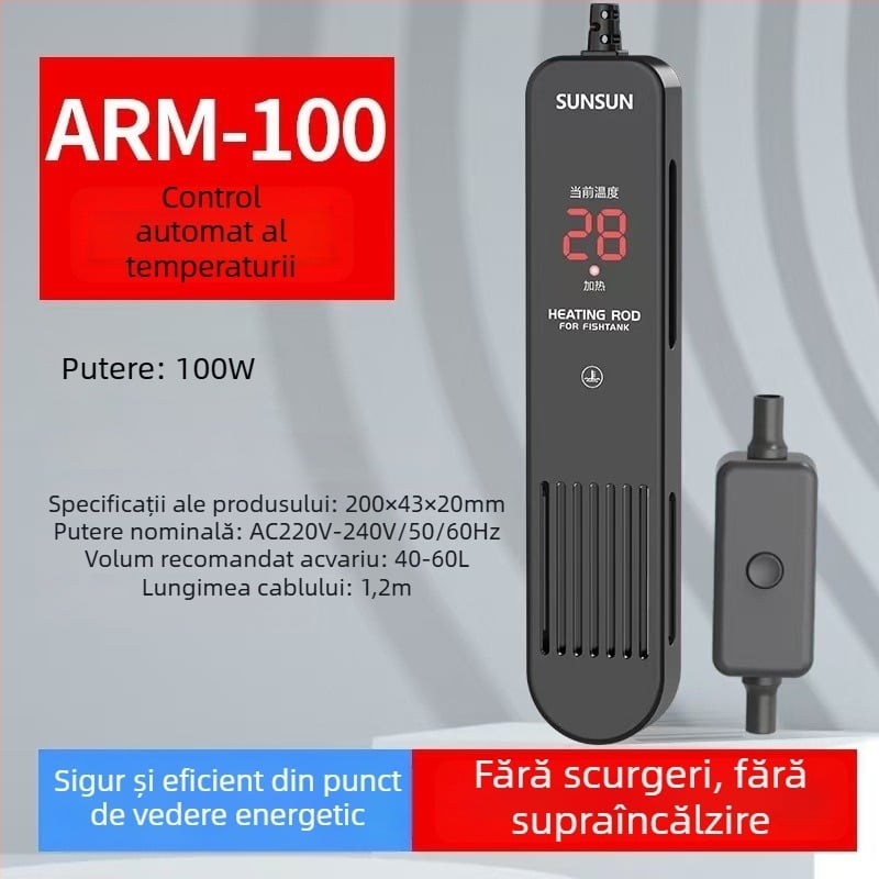 Bară de încălzire pentru acvariu cu afișaj digital, element de încălzire din cuarț, control automat al temperaturii, rezistent la explozie, acoperire de protecție