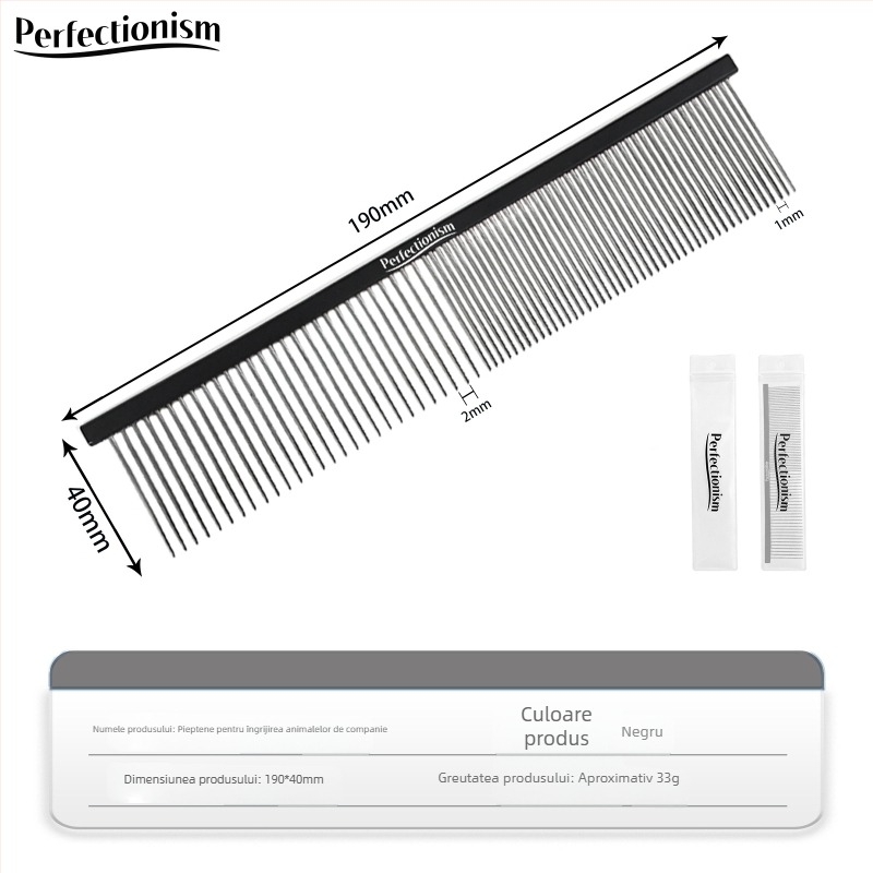 Pieptene de îngrijire a animalelor de companie pentru câini și pisici – mâner din aluminiu de calitate aeronautică, dinți din oțel inoxidabil, model 2032-74, utilizare universală