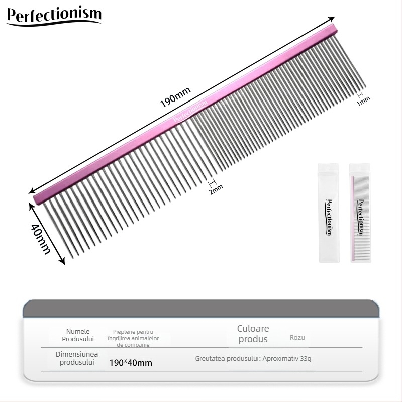 Pieptene de îngrijire a animalelor de companie pentru câini și pisici – mâner din aluminiu de calitate aeronautică, dinți din oțel inoxidabil, model 2032-74, utilizare universală