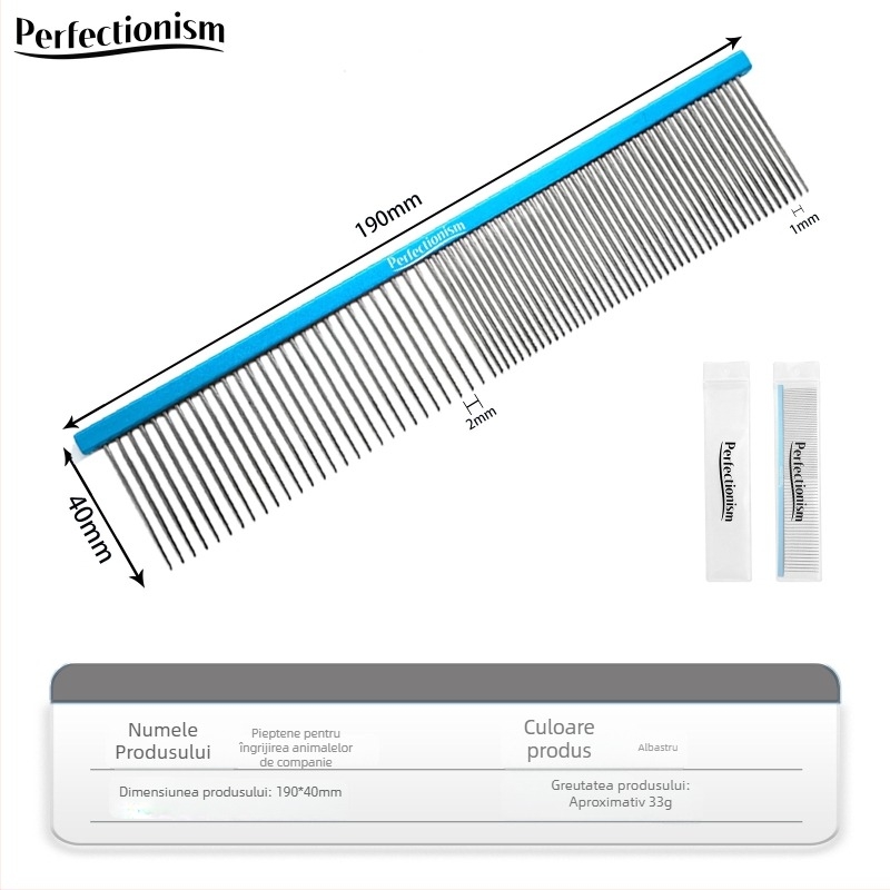 Pieptene de îngrijire a animalelor de companie pentru câini și pisici – mâner din aluminiu de calitate aeronautică, dinți din oțel inoxidabil, model 2032-74, utilizare universală