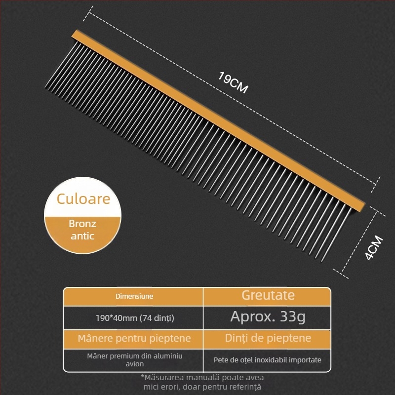 Pieptene de îngrijire a animalelor de companie pentru câini și pisici – mâner din aluminiu de calitate aeronautică, dinți din oțel inoxidabil, model 2032-74, utilizare universală