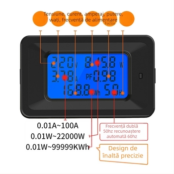 Monitor de putere AC cu afișaj LCD, contor de energie pentru gospodărie – voltmetru, ampermetru, energie, frecvență și factor de putere, model P06s-20A/100A