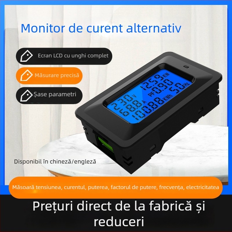 Monitor de putere AC cu afișaj LCD, contor de energie pentru gospodărie – voltmetru, ampermetru, energie, frecvență și factor de putere, model P06s-20A/100A