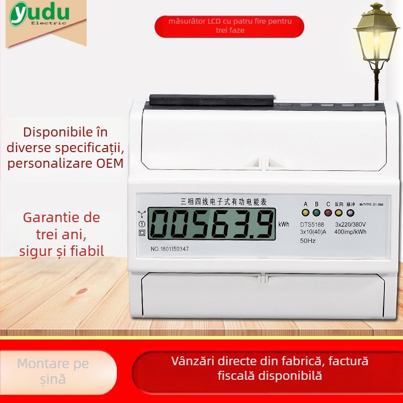 Contor electric trifazat pentru DIN șină, 380V, patru conductori, cititor digital de energie