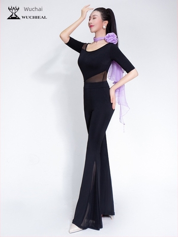 Body de dans modern cu design de modelare a corpului; țesătură Crystal cotton + velvet chiffon + mesh; 80% poliester; pentru femei adulte; costume de scenă pentru toate sezoanele; XT1313