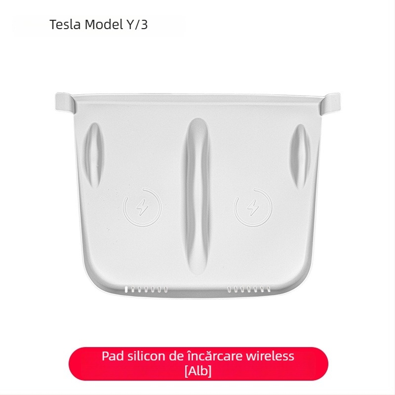 Pad din silicon pentru încărcare wireless în consola centrală Tesla Model Y/Model 3 – anti-derapare, etichetă decorativă