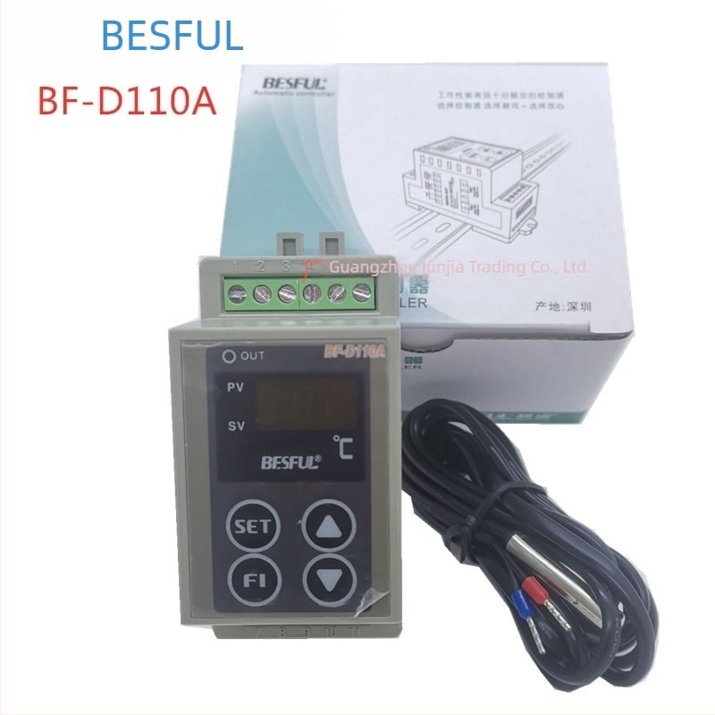 Controler de temperatură BF-D110A; unic canal pentru răcire și încălzire; montaj pe șină de ghidaj; măsoară apă și aer; tensiune de funcționare AC 80–240 V