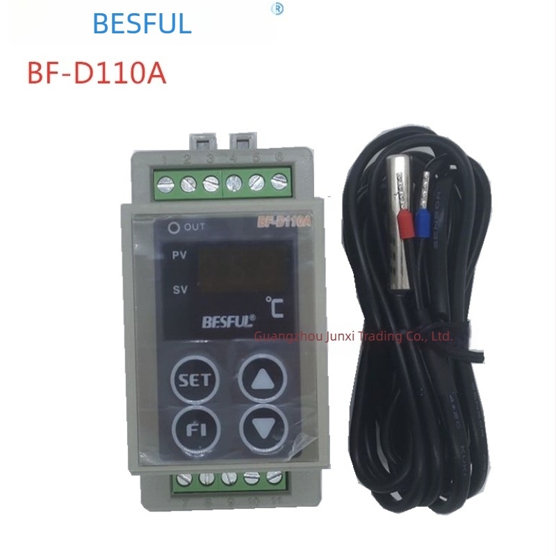 Controler de temperatură BF-D110A; unic canal pentru răcire și încălzire; montaj pe șină de ghidaj; măsoară apă și aer; tensiune de funcționare AC 80–240 V