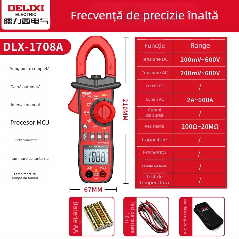 Delixi 1708A clamp meter – Măsurare automată a tensiunii AC/DC