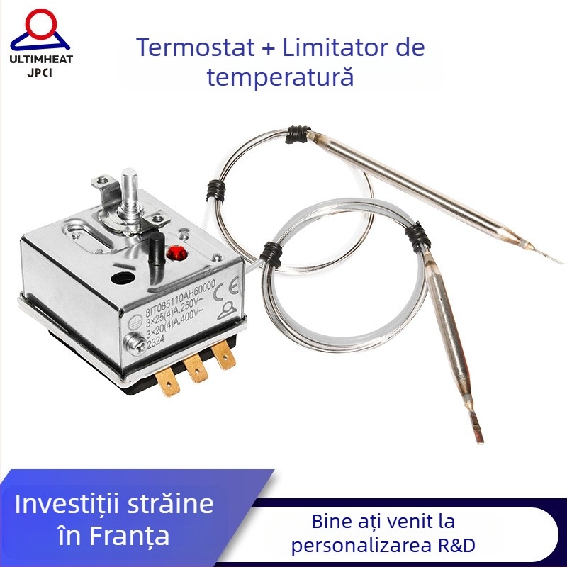 Termostat cu două sonde, 3 poli, 25A, reglare temperatură prin buton, reset manual, suport cu 2 găuri M4, 0-85°C, ±1°C, 400V