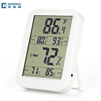 KIMTOKA TH028 — higrometru digital interior cu precizie temperatură ±1°C, precizie umiditate ±5%, alimentare cu baterie AA.