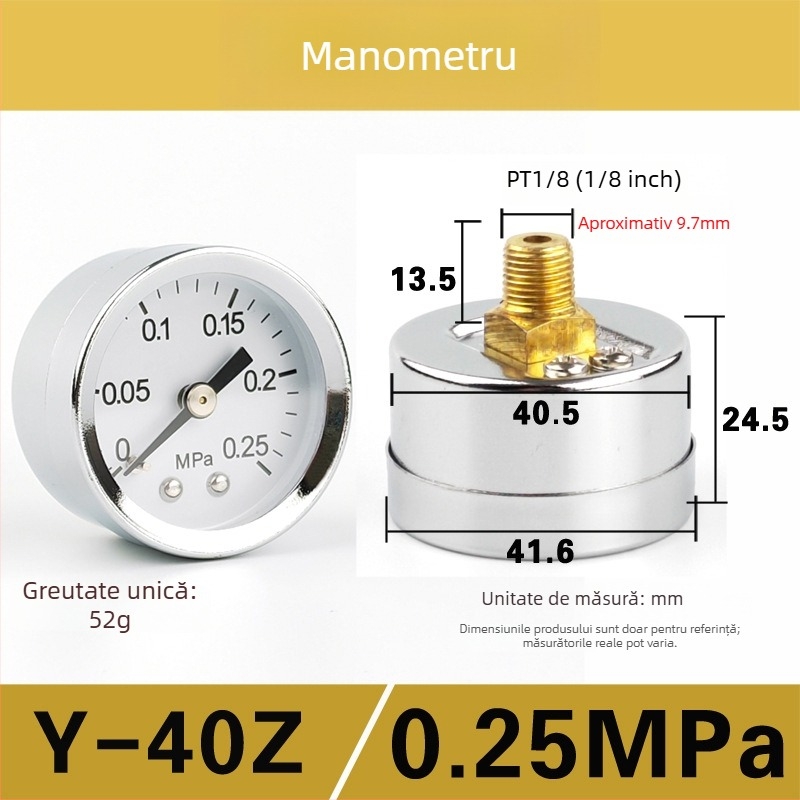 Manometru de presiune de precizie, model Y-40Z/0.25MPa, interval de măsurare 0–0.25 MPa, acuratețe 1.6, filet extern 1/8"