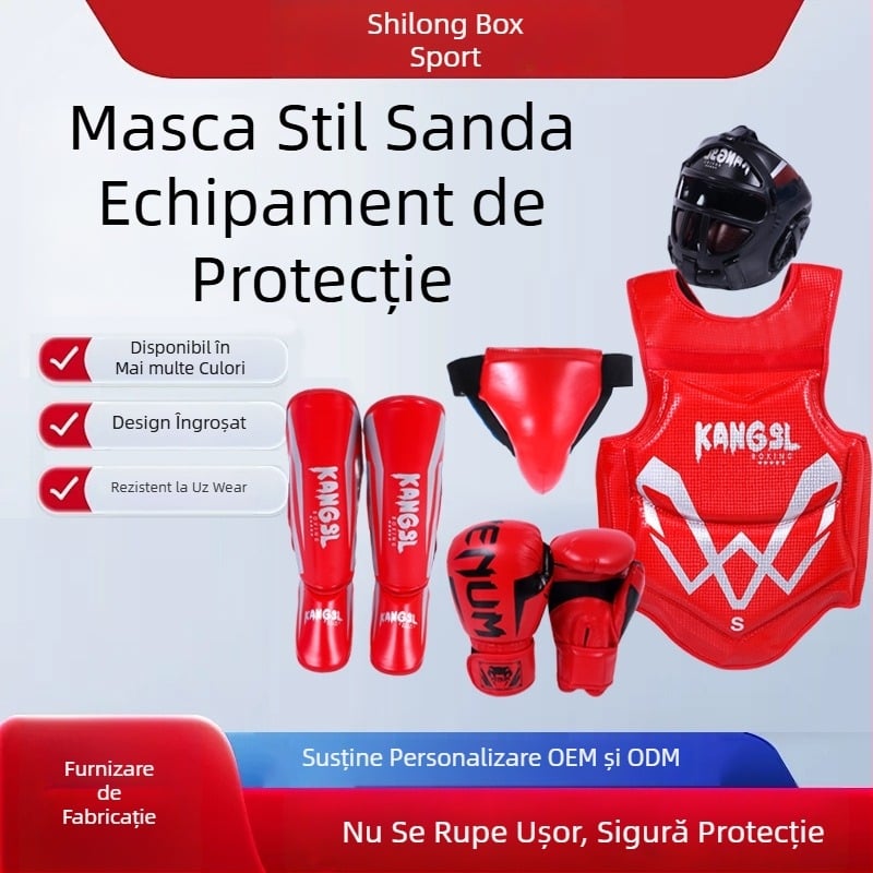 Set de protecție pentru arte marțiale: protecții pentru cap, mâini (palme și încheieturi), coate, genunchi și gleznă, din spandex; potrivit pentru box