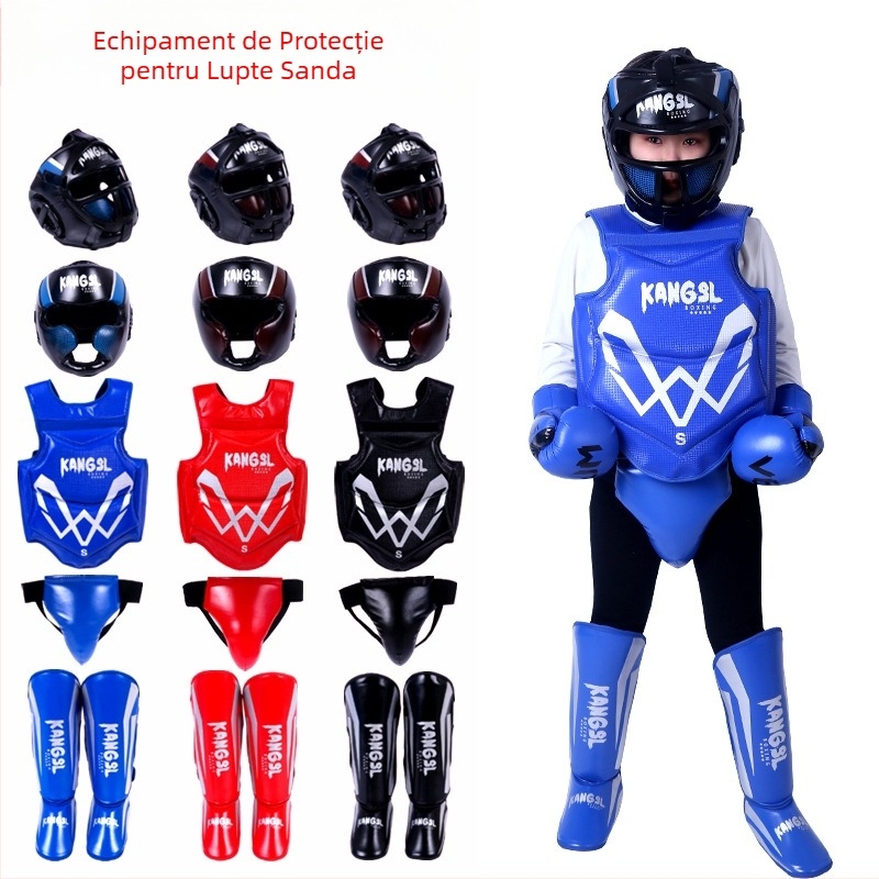 Set de protecție pentru arte marțiale: protecții pentru cap, mâini (palme și încheieturi), coate, genunchi și gleznă, din spandex; potrivit pentru box