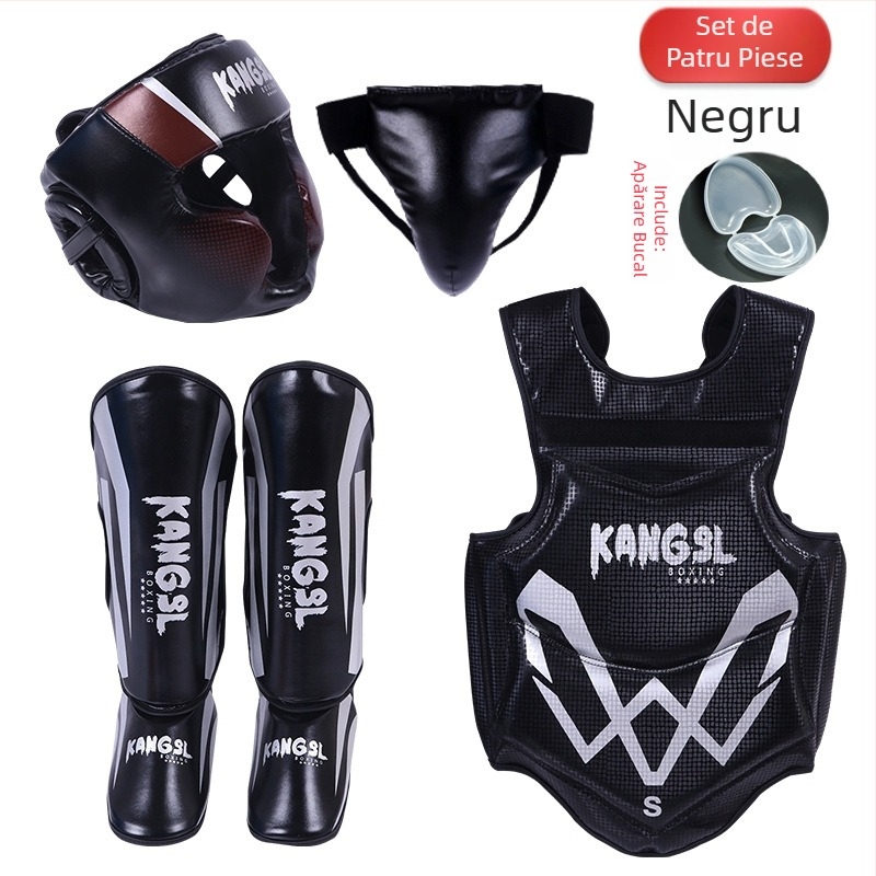 Set de protecție pentru arte marțiale: protecții pentru cap, mâini (palme și încheieturi), coate, genunchi și gleznă, din spandex; potrivit pentru box