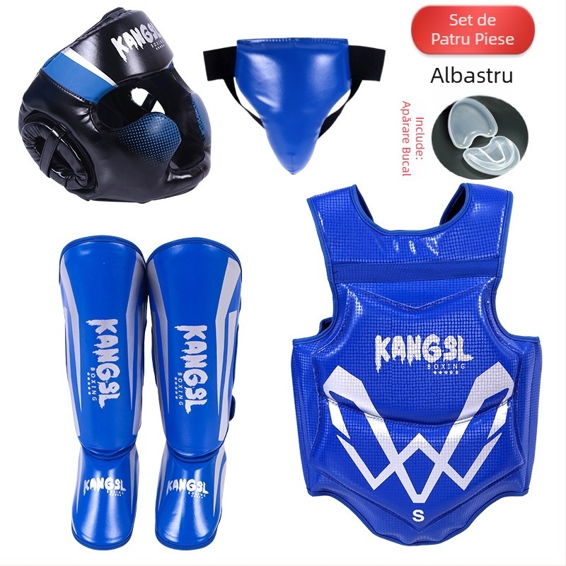 Set de protecție pentru arte marțiale: protecții pentru cap, mâini (palme și încheieturi), coate, genunchi și gleznă, din spandex; potrivit pentru box