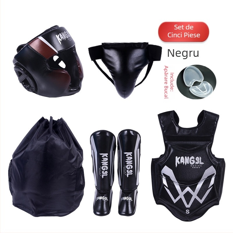 Set de protecție pentru arte marțiale: protecții pentru cap, mâini (palme și încheieturi), coate, genunchi și gleznă, din spandex; potrivit pentru box
