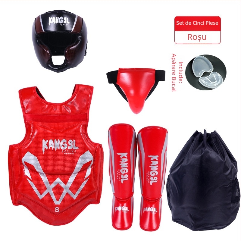 Set de protecție pentru arte marțiale: protecții pentru cap, mâini (palme și încheieturi), coate, genunchi și gleznă, din spandex; potrivit pentru box