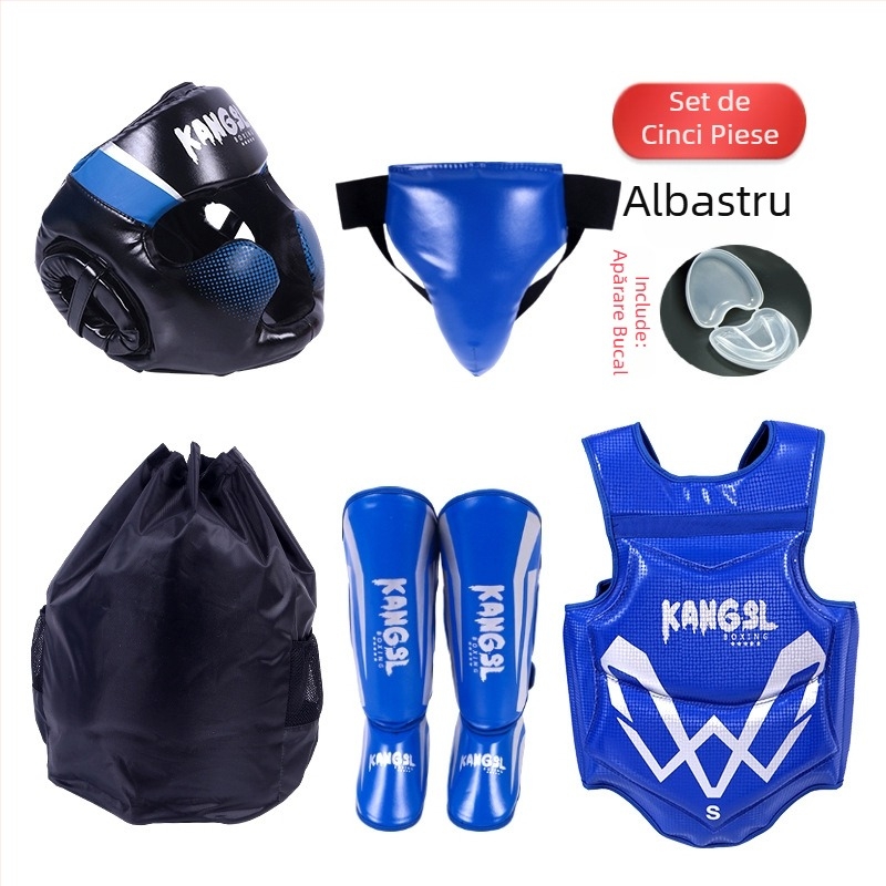 Set de protecție pentru arte marțiale: protecții pentru cap, mâini (palme și încheieturi), coate, genunchi și gleznă, din spandex; potrivit pentru box