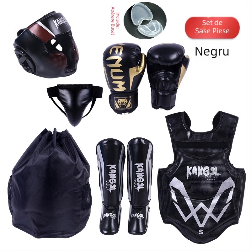 Set de protecție pentru arte marțiale: protecții pentru cap, mâini (palme și încheieturi), coate, genunchi și gleznă, din spandex; potrivit pentru box