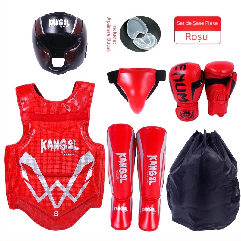 Set de protecție pentru arte marțiale: protecții pentru cap, mâini (palme și încheieturi), coate, genunchi și gleznă, din spandex; potrivit pentru box