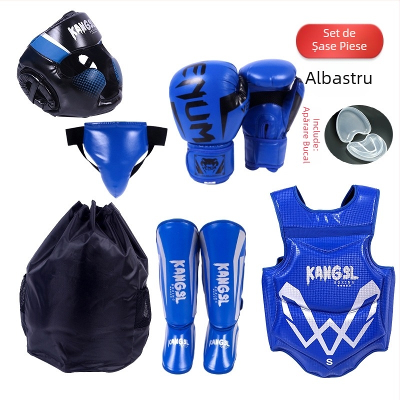 Set de protecție pentru arte marțiale: protecții pentru cap, mâini (palme și încheieturi), coate, genunchi și gleznă, din spandex; potrivit pentru box