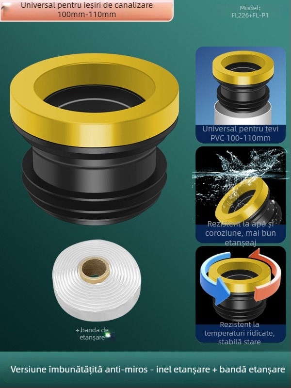 Inel de etanșare pentru flanșă de toaletă; anti miros și anti scurgeri; garnitură adezivă îngroșată; material: adeziv nano/gumă; stil: modern minimalist.