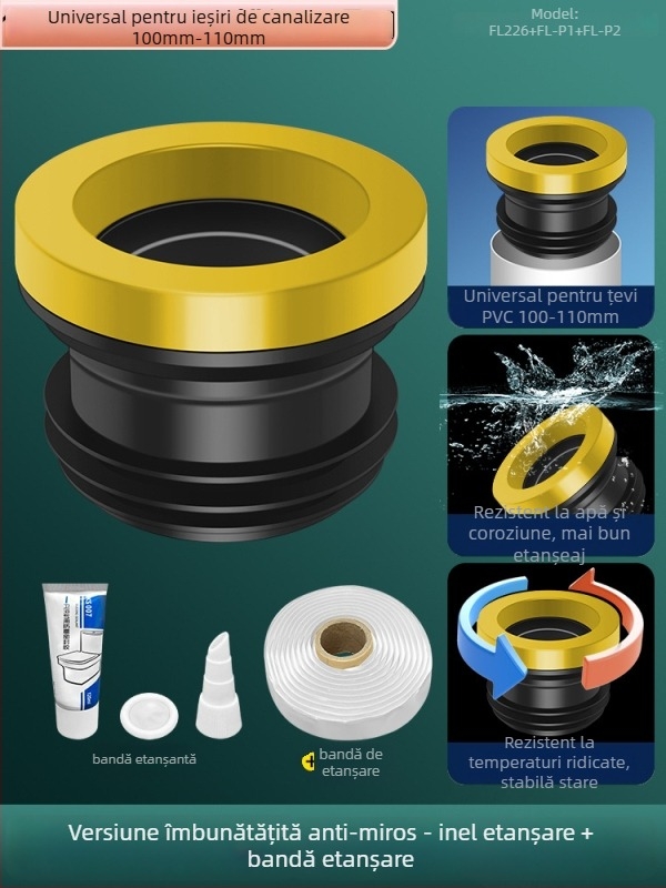 Inel de etanșare pentru flanșă de toaletă; anti miros și anti scurgeri; garnitură adezivă îngroșată; material: adeziv nano/gumă; stil: modern minimalist.