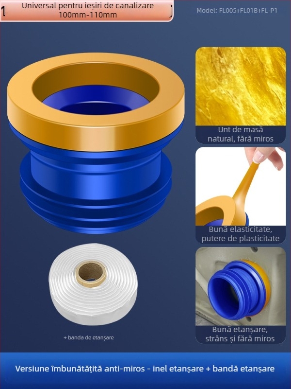 Inel de etanșare pentru flanșă de toaletă; anti miros și anti scurgeri; garnitură adezivă îngroșată; material: adeziv nano/gumă; stil: modern minimalist.
