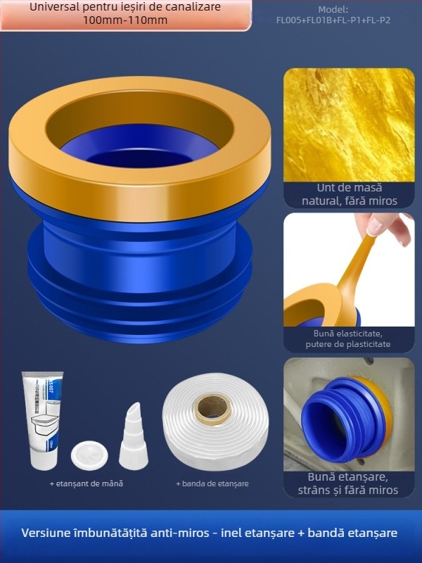 Inel de etanșare pentru flanșă de toaletă; anti miros și anti scurgeri; garnitură adezivă îngroșată; material: adeziv nano/gumă; stil: modern minimalist.