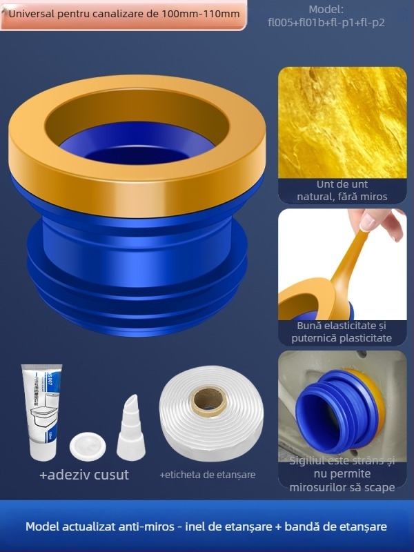 Inel de etanșare pentru flanșă de toaletă; anti miros și anti scurgeri; garnitură adezivă îngroșată; material: adeziv nano/gumă; stil: modern minimalist.