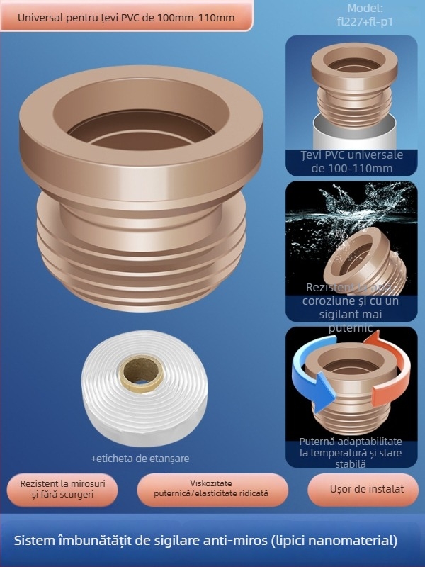 Inel de etanșare pentru flanșă de toaletă; anti miros și anti scurgeri; garnitură adezivă îngroșată; material: adeziv nano/gumă; stil: modern minimalist.