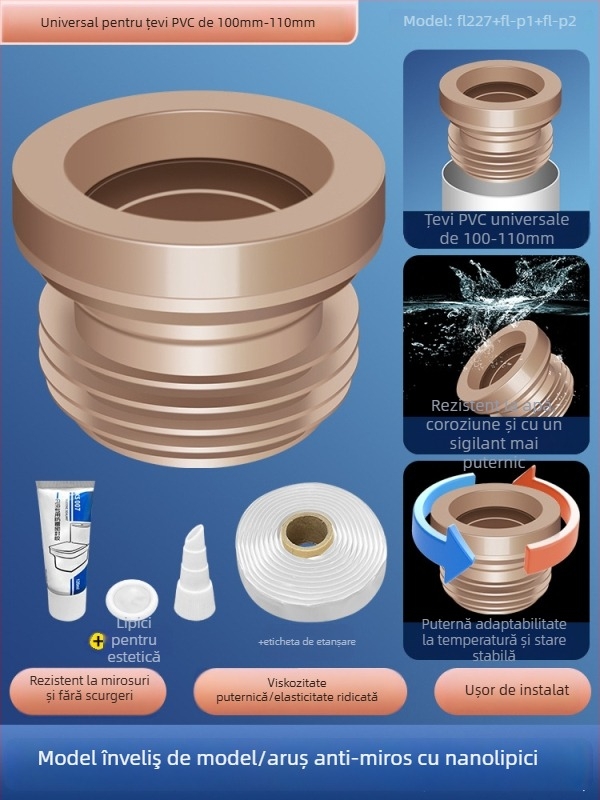 Inel de etanșare pentru flanșă de toaletă; anti miros și anti scurgeri; garnitură adezivă îngroșată; material: adeziv nano/gumă; stil: modern minimalist.